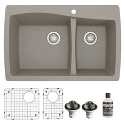 QT-721 Quartz Top Mount/Drop-In Large/Small Bowl Kitchen Sink Kit, 34" x 22" x 9", Concrete