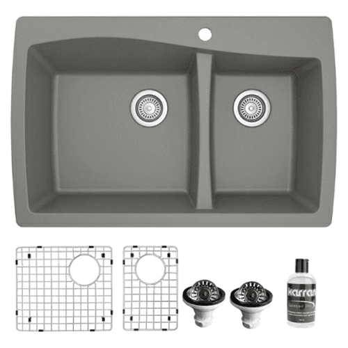 QT-721 Quartz Top Mount/Drop-In Large/Small Bowl Kitchen Sink Kit, 34" x 22" x 9", Gray