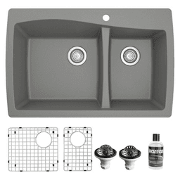 QT-721 Quartz Top Mount/Drop-In Large/Small Bowl Kitchen Sink Kit, 34" x 22" x 9", Gray