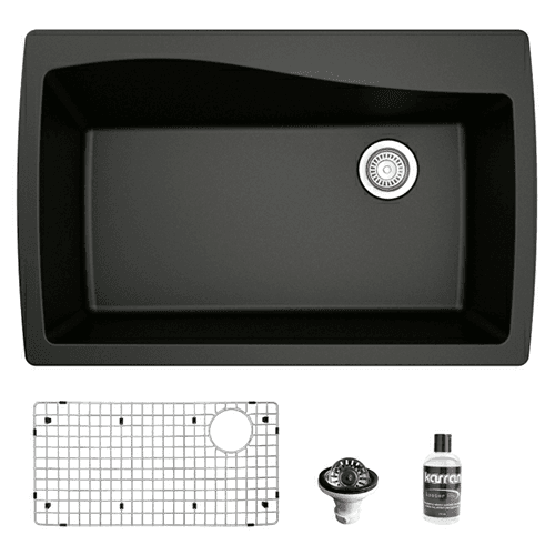 QT-722 Quartz Top Mount/Drop-In Large Single Bowl Kitchen Sink Kit, 34" x 22" x 9", Black
