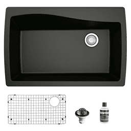 QT-722 Quartz Top Mount/Drop-In Large Single Bowl Kitchen Sink Kit, 34" x 22" x 9", Black