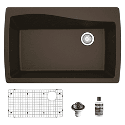 QT-722 Quartz Top Mount/Drop-In Large Single Bowl Kitchen Sink Kit, 34" x 22" x 9", Brown
