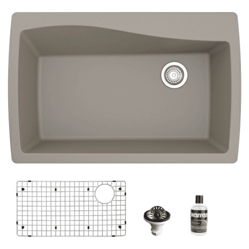 QT-722 Quartz Top Mount/Drop-In Large Single Bowl Kitchen Sink Kit, 34" x 22" x 9", Concrete