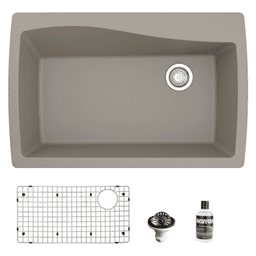 QT-722 Quartz Top Mount/Drop-In Large Single Bowl Kitchen Sink Kit, 34" x 22" x 9", Concrete