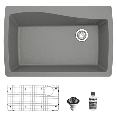 QT-722 Quartz Top Mount/Drop-In Large Single Bowl Kitchen Sink Kit, 34" x 22" x 9", Gray