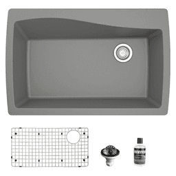 QT-722 Quartz Top Mount/Drop-In Large Single Bowl Kitchen Sink Kit, 34" x 22" x 9", Gray