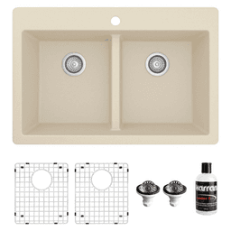 QT-810 Quartz Top Mount/Drop-In Double Equal Bowl Kitchen Sink Kit, 33" x 22" x 9", Bisque