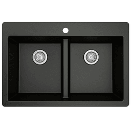 QT-810 Quartz Top Mount Double Equal Bowl Kitchen Sink, 33" x 22" x 9", Black