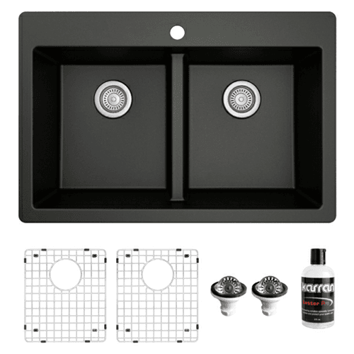 QT-810 Quartz Top Mount/Drop-In Double Equal Bowl Kitchen Sink Kit, 33" x 22" x 9", Black