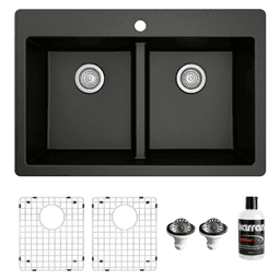 QT-810 Quartz Top Mount/Drop-In Double Equal Bowl Kitchen Sink Kit, 33" x 22" x 9", Black