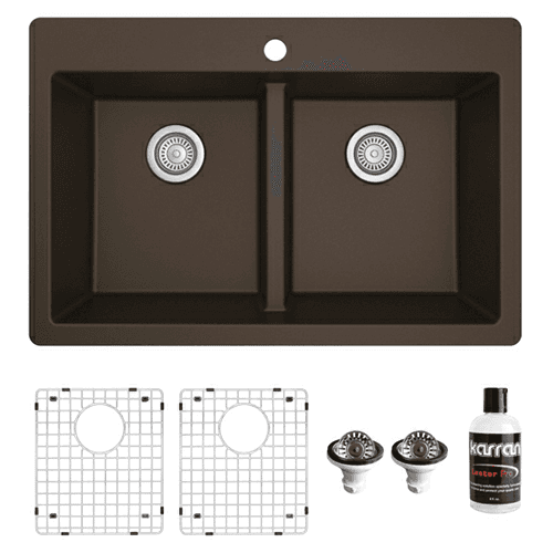 QT-810 Quartz Top Mount/Drop-In Double Equal Bowl Kitchen Sink Kit, 33" x 22" x 9", Brown