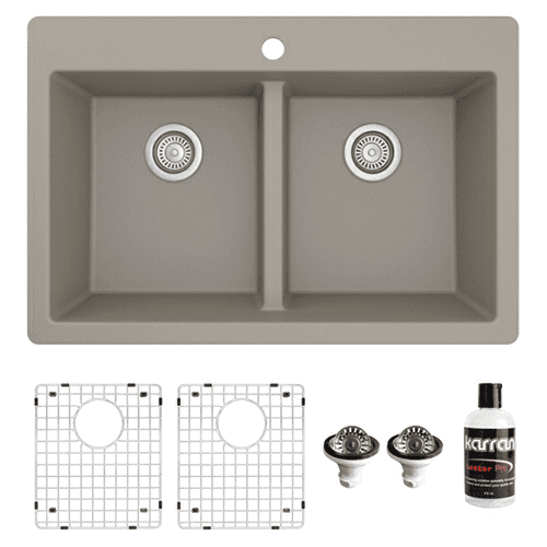 QT-810 Quartz Top Mount/Drop-In Double Equal Bowl Kitchen Sink Kit, 33" x 22" x 9", Concrete