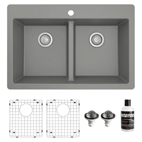 QT-810 Quartz Top Mount/Drop-In Double Equal Bowl Kitchen Sink Kit, 33" x 22" x 9", Gray