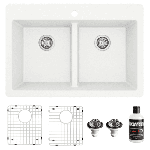 QT-810 Quartz Top Mount/Drop-In Double Equal Bowl Kitchen Sink Kit, 33" x 22" x 9", White