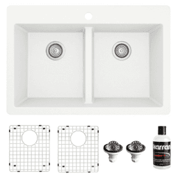 QT-810 Quartz Top Mount/Drop-In Double Equal Bowl Kitchen Sink Kit, 33" x 22" x 9", White