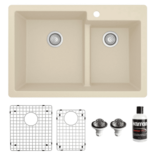 QT-811 Quartz Top Mount/Drop-In Large/Small Bowl Kitchen Sink Kit, 33" x 22" x 9", Bisque