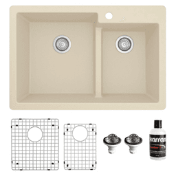 QT-811 Quartz Top Mount/Drop-In Large/Small Bowl Kitchen Sink Kit, 33" x 22" x 9", Bisque