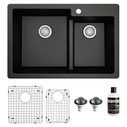 QT-811 Quartz Top Mount/Drop-In Large/Small Bowl Kitchen Sink Kit, 33" x 22" x 9", Black