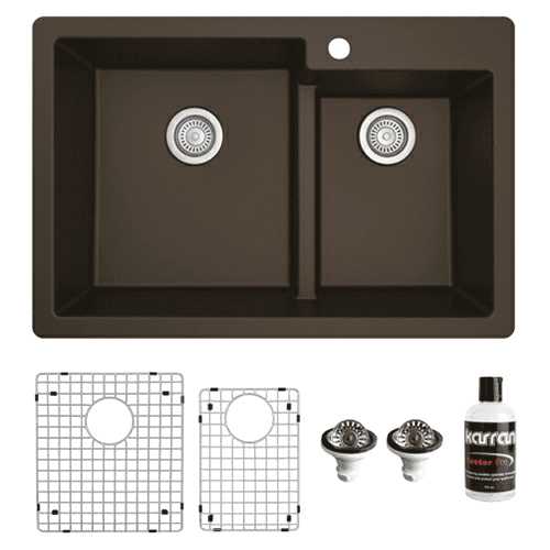QT-811 Quartz Top Mount/Drop-In Large/Small Bowl Kitchen Sink Kit, 33" x 22" x 9", Brown