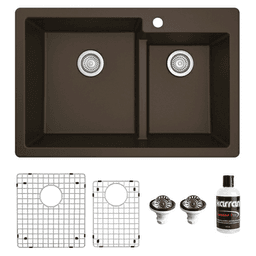 QT-811 Quartz Top Mount/Drop-In Large/Small Bowl Kitchen Sink Kit, 33" x 22" x 9", Brown