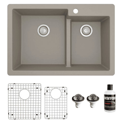 QT-811 Quartz Top Mount/Drop-In Large/Small Bowl Kitchen Sink Kit, 33" x 22" x 9", Concrete