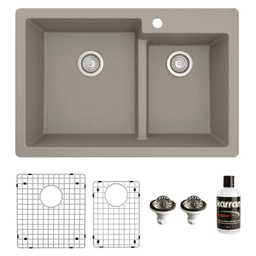 QT-811 Quartz Top Mount/Drop-In Large/Small Bowl Kitchen Sink Kit, 33" x 22" x 9", Concrete