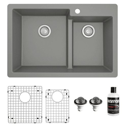 QT-811 Quartz Top Mount/Drop-In Large/Small Bowl Kitchen Sink Kit, 33" x 22" x 9", Gray