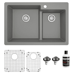 QT-811 Quartz Top Mount/Drop-In Large/Small Bowl Kitchen Sink Kit, 33" x 22" x 9", Gray