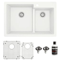 QT-811 Quartz Top Mount/Drop-In Large/Small Bowl Kitchen Sink Kit, 33" x 22" x 9", White