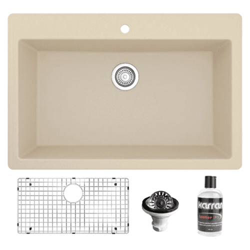 QT-812 Quartz Top Mount/Drop-In Large Single Bowl Kitchen Sink Kit, 33" x 22" x 9", Bisque