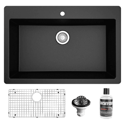 QT-812 Quartz Top Mount/Drop-In Large Single Bowl Kitchen Sink Kit, 33" x 22" x 9", Black
