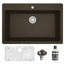 QT-812 Quartz Top Mount/Drop-In Large Single Bowl Kitchen Sink Kit, 33" x 22" x 9", Brown