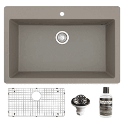 QT-812 Quartz Top Mount/Drop-In Large Single Bowl Kitchen Sink Kit, 33" x 22" x 9", Concrete
