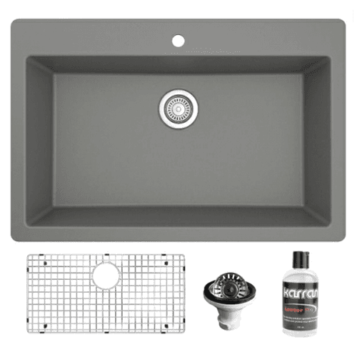 QT-812 Quartz Top Mount/Drop-In Large Single Bowl Kitchen Sink Kit, 33" x 22" x 9", Gray