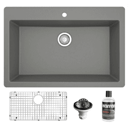 QT-812 Quartz Top Mount/Drop-In Large Single Bowl Kitchen Sink Kit, 33" x 22" x 9", Gray