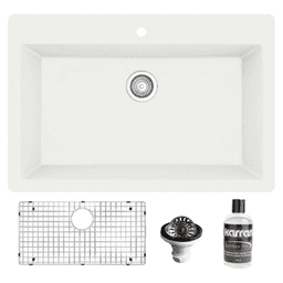 QT-812 Quartz Top Mount/Drop-In Large Single Bowl Kitchen Sink Kit, 33" x 22" x 9", White
