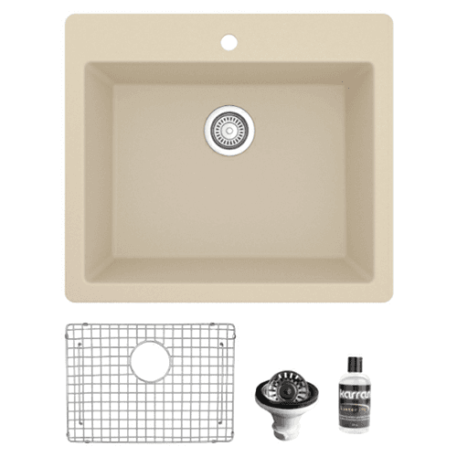 QT-820 Quartz Top Mount/Drop-In Single Bowl Kitchen Sink Kit, 25" x 22" x 9", Bisque