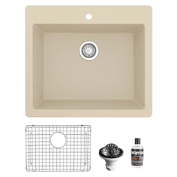 QT-820 Quartz Top Mount/Drop-In Single Bowl Kitchen Sink Kit, 25" x 22" x 9", Bisque