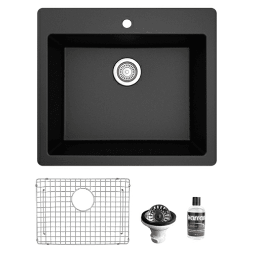 QT-820 Quartz Top Mount/Drop-In Single Bowl Kitchen Sink Kit, 25" x 22" x 9", Black