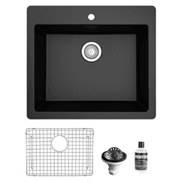 QT-820 Quartz Top Mount/Drop-In Single Bowl Kitchen Sink Kit, 25" x 22" x 9", Black