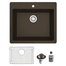 QT-820 Quartz Top Mount/Drop-In Single Bowl Kitchen Sink Kit, 25" x 22" x 9", Brown