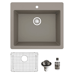 QT-820 Quartz Top Mount/Drop-In Single Bowl Kitchen Sink Kit, 25" x 22" x 9", Concrete