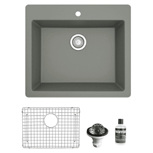 QT-820 Quartz Top Mount/Drop-In Single Bowl Kitchen Sink Kit, 25" x 22" x 9", Gray