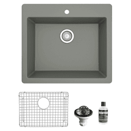 QT-820 Quartz Top Mount/Drop-In Single Bowl Kitchen Sink Kit, 25" x 22" x 9", Gray