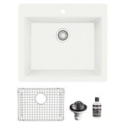 QT-820 Quartz Top Mount/Drop-In Single Bowl Kitchen Sink Kit, 25" x 22" x 9", White