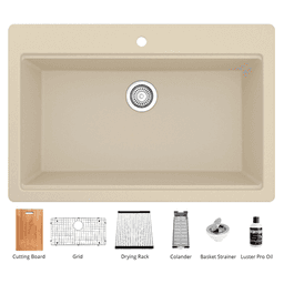 QTWS-875 Quartz Top Mount/Drop-In Large Single Bowl Workstation Kitchen Sink with Accessories, 33" x 22" x 9", Bisque