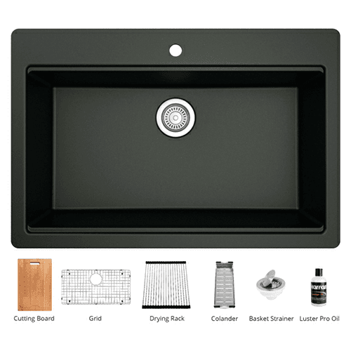 QTWS-875 Quartz Top Mount/Drop-In Large Single Bowl Workstation Kitchen Sink with Accessories, 33" x 22" x 9", Black