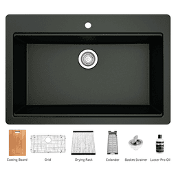 QTWS-875 Quartz Top Mount/Drop-In Large Single Bowl Workstation Kitchen Sink with Accessories, 33" x 22" x 9", Black