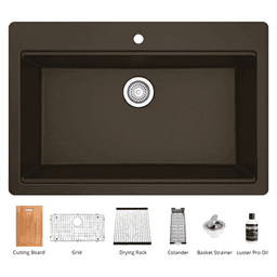 QTWS-875 Quartz Top Mount/Drop-In Large Single Bowl Workstation Kitchen Sink with Accessories, 33" x 22" x 9", Brown