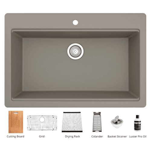 QTWS-875 Quartz Top Mount/Drop-In Large Single Bowl Workstation Kitchen Sink with Accessories, 33" x 22" x 9", Concrete